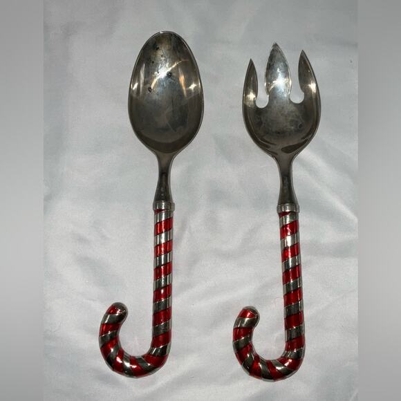 GODINGER CANDY CANE SERVING UTENSILS FORK SPOON SET SILVER TONE RED CHRISTMAS - Picture 1 of 14